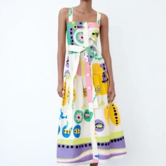 *NEW* ZARA BLOGGER FAVORITE COLORFUL GEOMETRIC MIDI DRESS XS - Picture 3 of 13